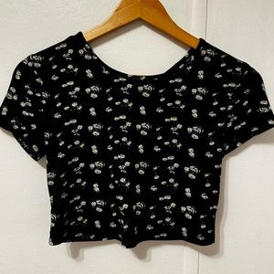 Black, flower detail, open back, crop top
